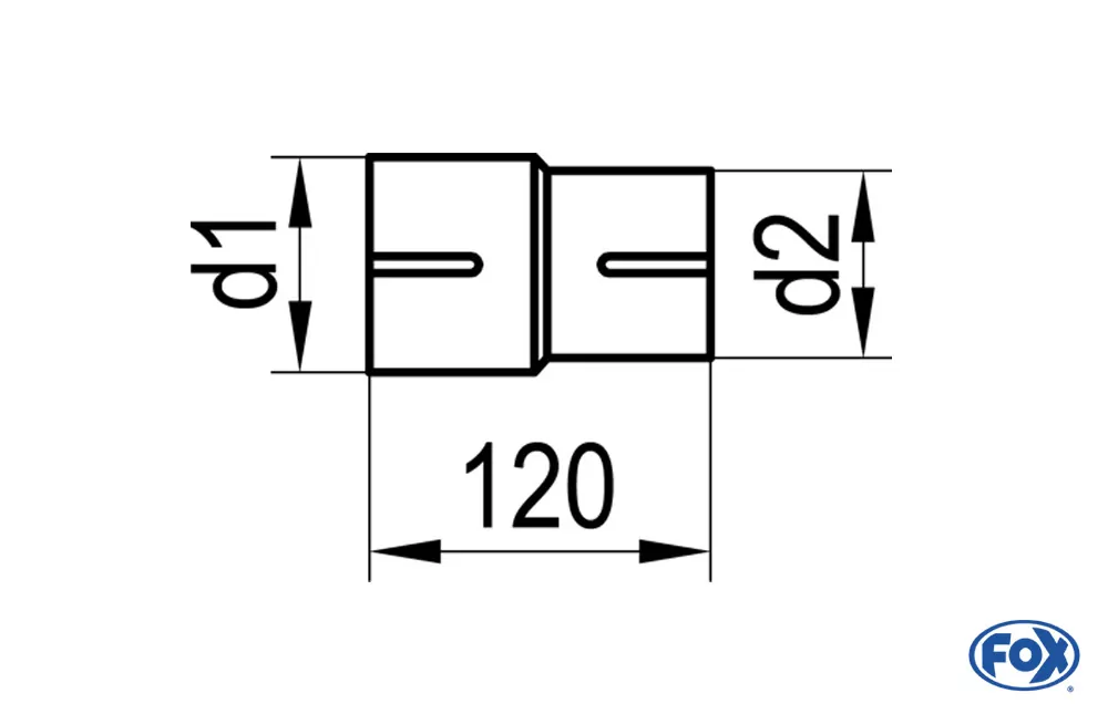 Doppelmuffe - 76mm auf 70mm - Länge: 120mm  rechts/ links geschlitzt - d1 = 76mm innen - d2 = 70mm innen