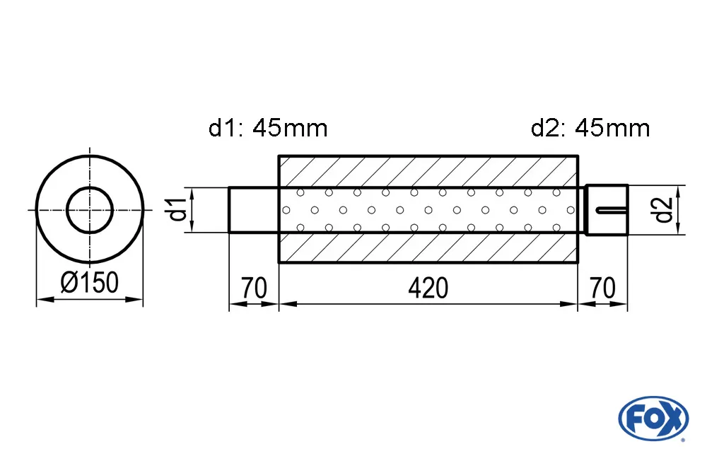 Uni-Schalldämpfer rund mit Stutzen - Abwicklung 466  Ø 150mm, d1Ø 45mm außen - d2Ø 45,5mm innen - Länge: 420mm