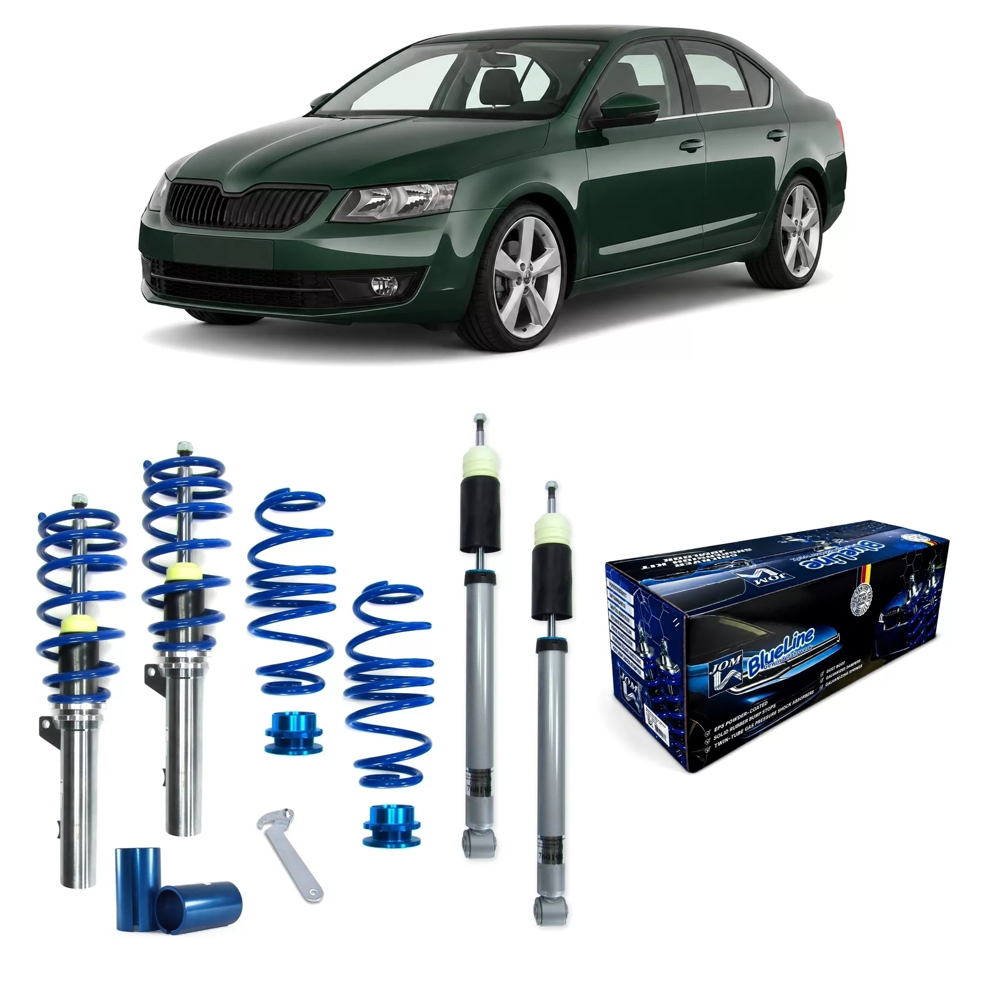 JOM BlueLine Gewindefahrwerk passend für Skoda Octavia Limo und Kombi (5E) 1.2 TSI, 1.4 TSI ab Baujahr 2012 nur passend bei Fahrzeugen mit Verbundlenker 
