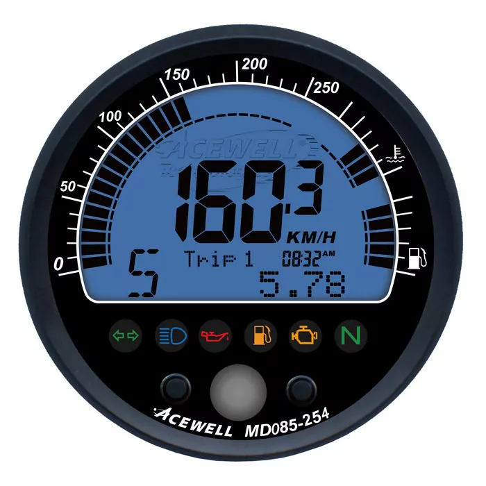 ACEWELL | Digital Tacho+DZM | Ring schwarz Gehäuse schwarz | Tank | Temp | Kontrolleuchten