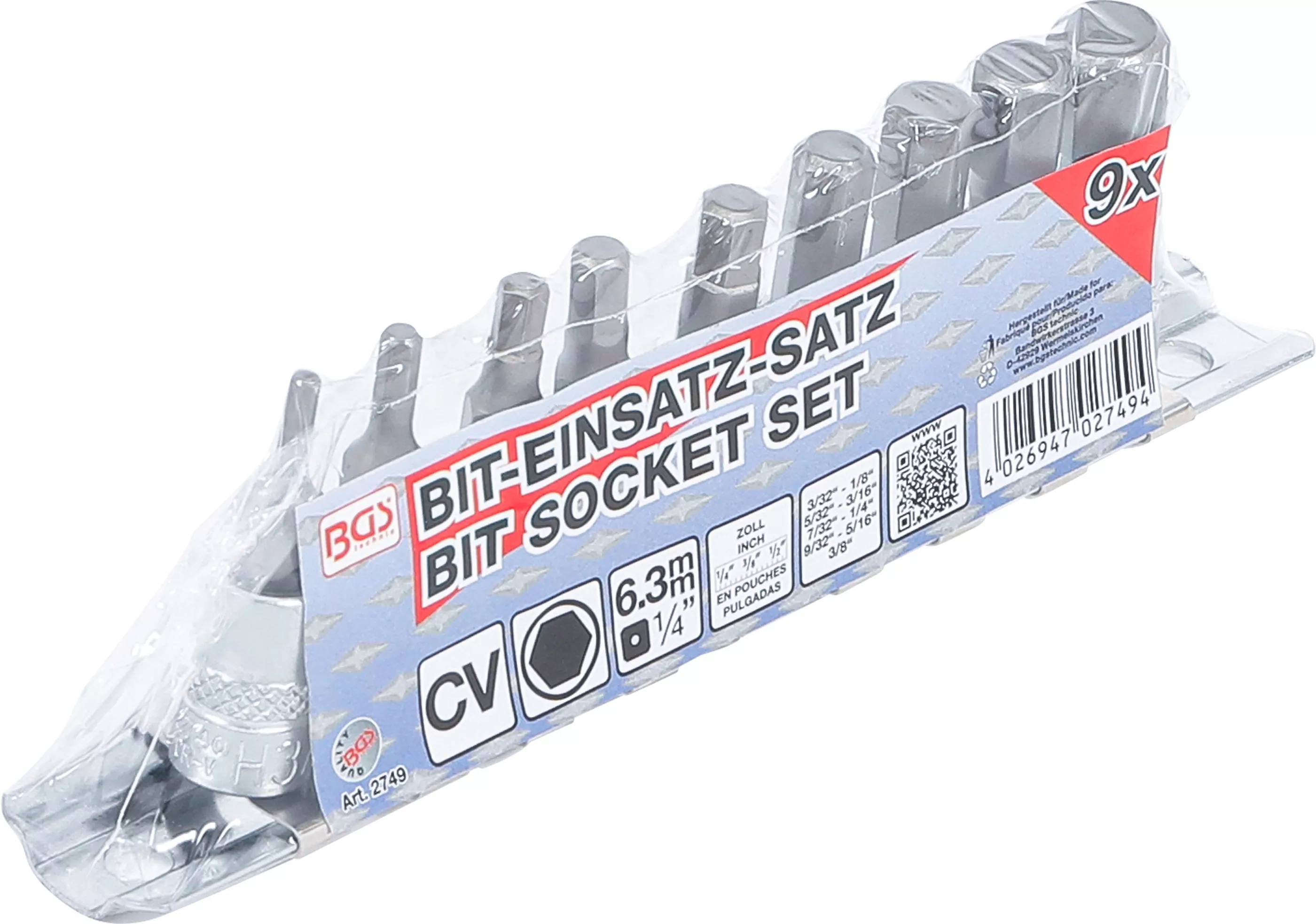 Bit-Einsatz-Satz | Antriebe Innenvierkant 6,3 mm (1/4") | Innensechskant 3/32" - 3/8" | Zollgrößen | 9-tlg.