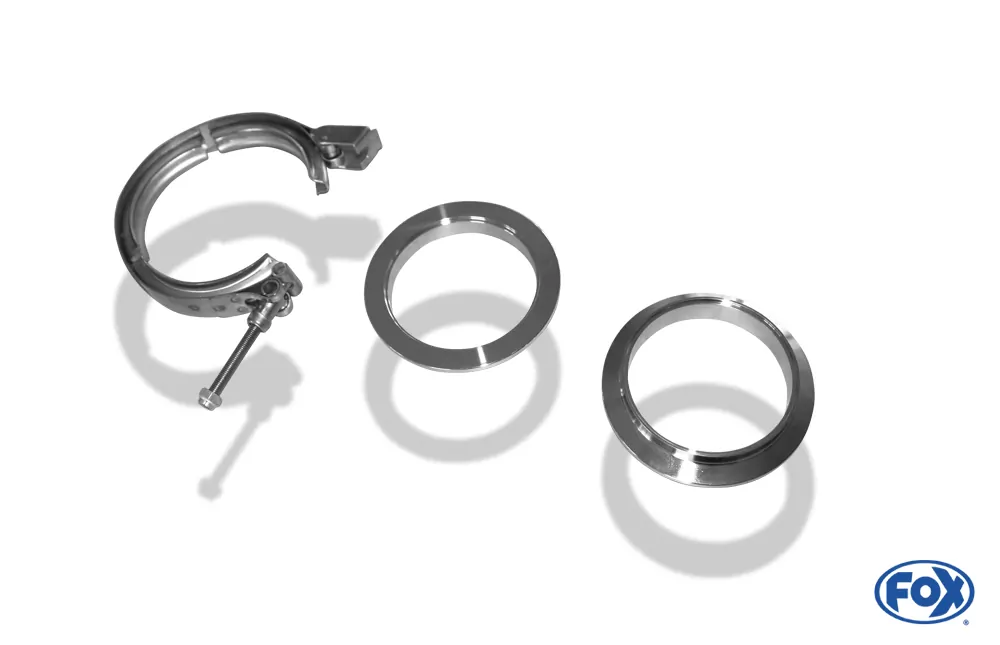 V-Bandschelle Ø89mm - Set  Dieses Set besteht aus:  2x CNC gedrehte Edelstahl V-Band Flansche (männlich & weiblich) mit Nut für 89mm Rohre  1x V-Band Schelle mit Schnellverschluss aus Edelstahl inkl. Spezialmutter