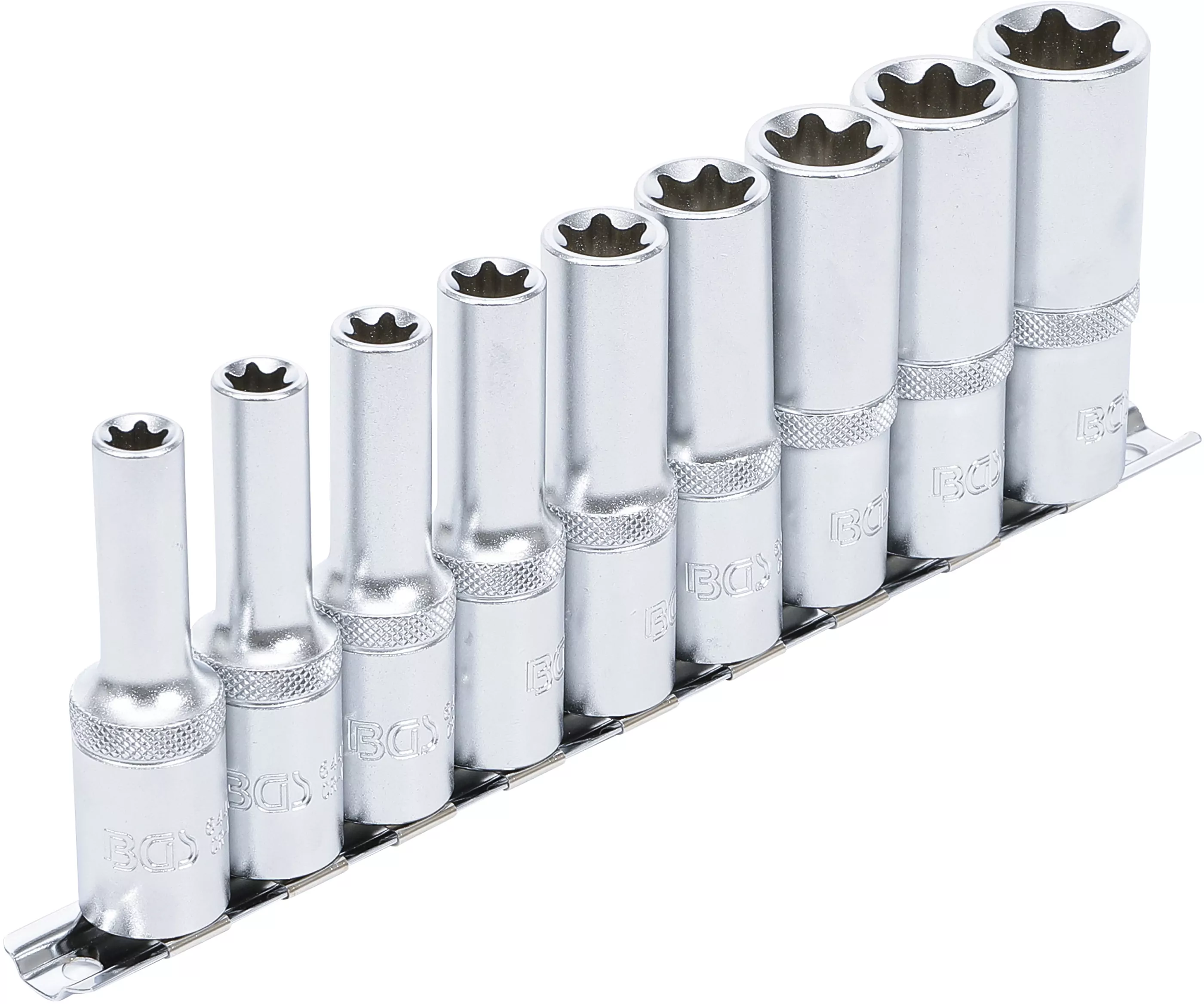 Steckschlüssel-Einsatz-Satz E-Profil, tief | Antrieb Innenvierkant 12,5 mm (1/2") | SW E10 - E24 | 9-tlg.