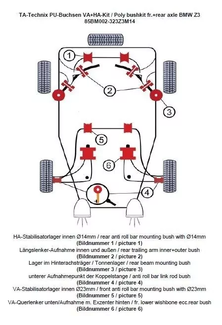 TA Technix PU-Buchsen Kit 32-teilig / Vorderachse+Hinterachse / Vorderachse mit Ø 24mm Stabi / M3 Exzenter / Hinterachse mit Ø 14mm Stabi / passend für BMW Z3 Roadster/Coupe Serie E36