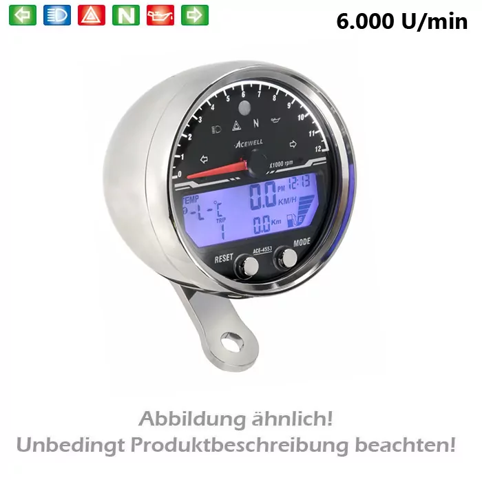 Multifunktionelles Digitalinstrument | alu-chrom Tachom. DZM 6000 RPM sowie Uhr & Tankanzeige