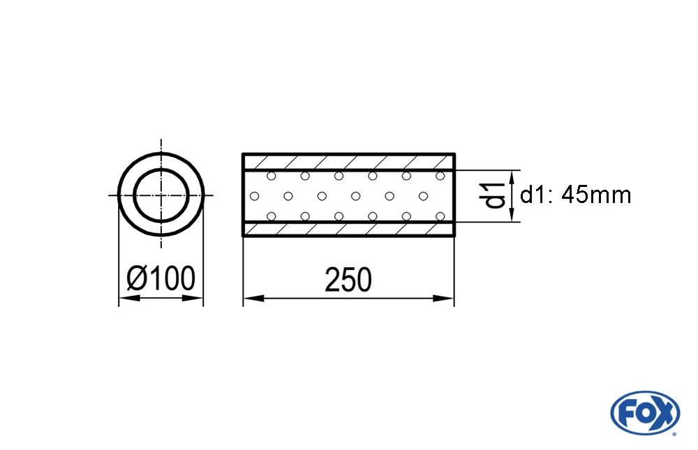 Uni-Schalldämpfer rund ohne Stutzen - Abwicklung 314  Ø 100mm, d1Ø 45mm, Länge: 250mm
