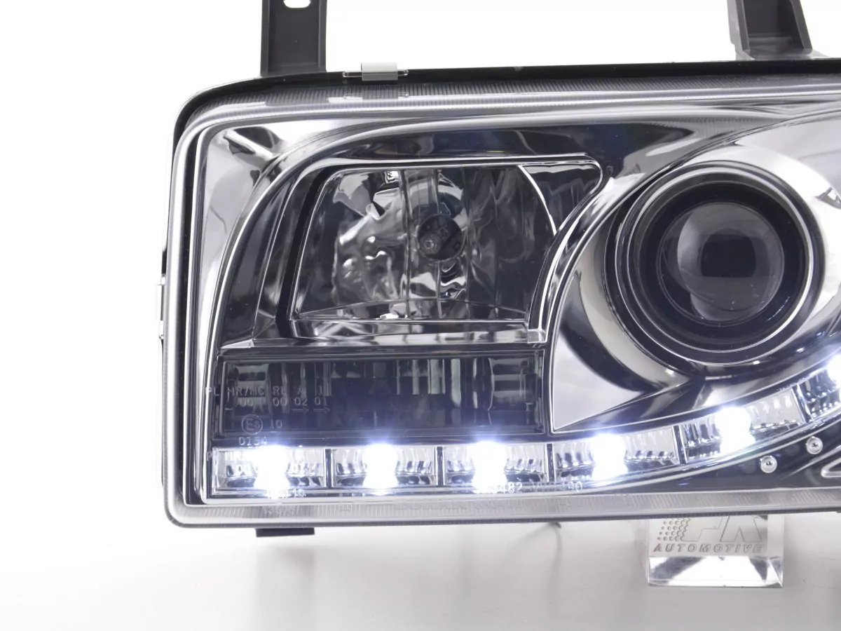 Scheinwerfer Set Daylight LED TFL-Optik VW Bus Typ T4 Bj. 90-03 chrom für Rechtslenker
