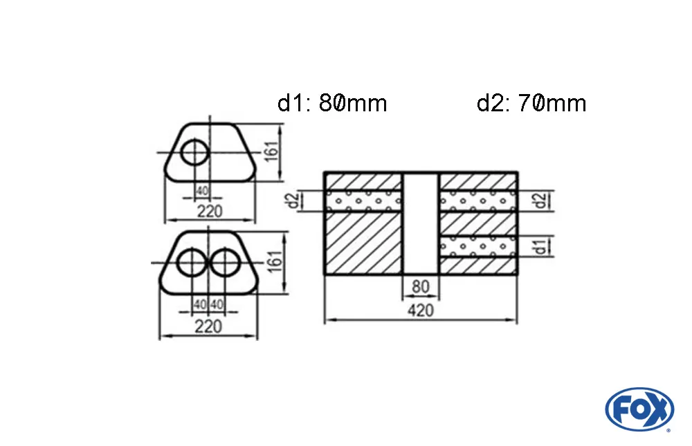 Uni-Schalldämpfer Trapezoid zweiflutig mit Kammer - Abw. 644  220x161mm, d1Ø 80mm  d2Ø 70mm, Länge: 420mm - Variante 1