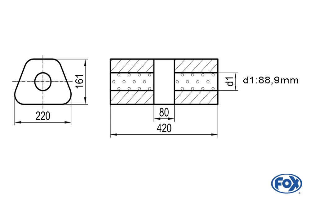 Uni-Schalldämpfer trapez ohne Stutzen mit Kammer - Abw. 644  220x161mm, d1Ø 88,9mm, Länge: 420mm