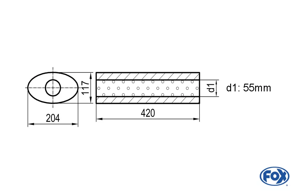 Uni-Schalldämpfer oval ohne Stutzen - Abwicklung 525  204x117mm, d1Ø 55mm, Länge: 420mm