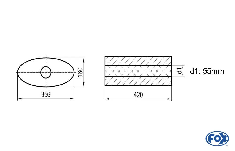 Uni-Schalldämpfer oval ohne Stutzen - Abwicklung 818  356x160mm, d1Ø 55mm, Länge: 420mm