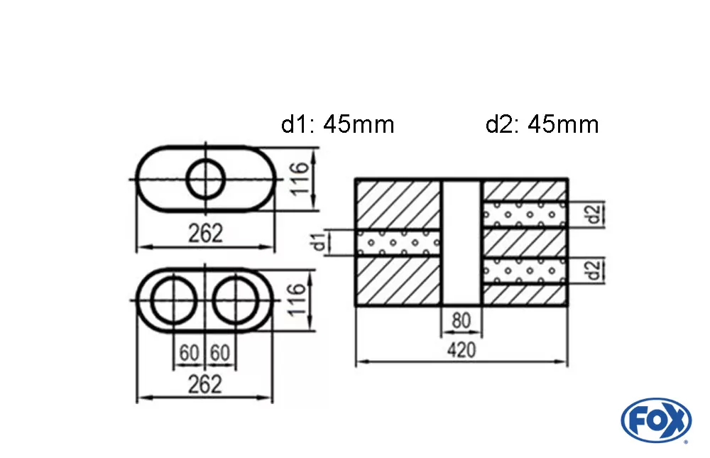 Uni-Schalldämpfer oval zweiflutig mit Kammer - Abw. 650  262x116mm, d1Ø 45mm  d2Ø 40mm, Länge: 420mm - Variante 2