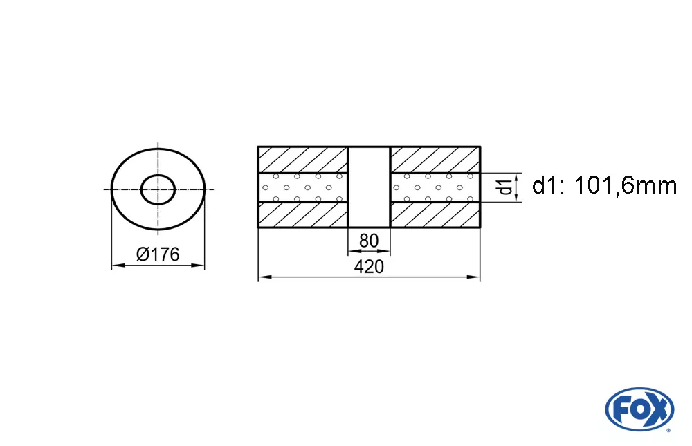 Uni-Schalldämpfer rund ohne Stutzen mit Kammer - Abw. 556  Ø 176mm, d1Ø101,6mm (außen), Länge: 420mm