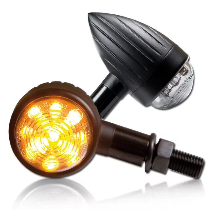 Led-blinker "new Bullet", Alu-mattschwarz,m10x25mm Lang, Grooved, Getönt, Ø 38 L 72mm, E-geprüft