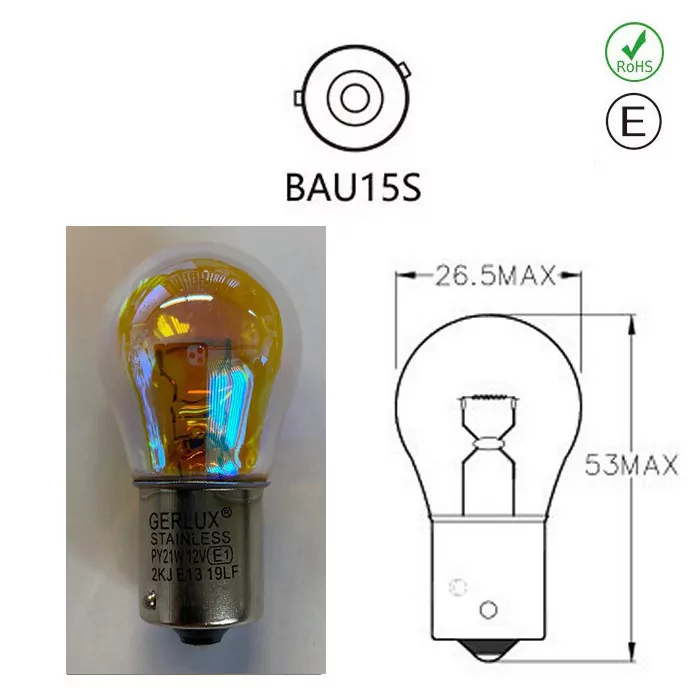 Kugellampe 12v21w, Bau15s, Pin 145°, Gelb/chrom Ø=25x45mm, E-gepr., *mindestbestellmenge 10 Stck.*