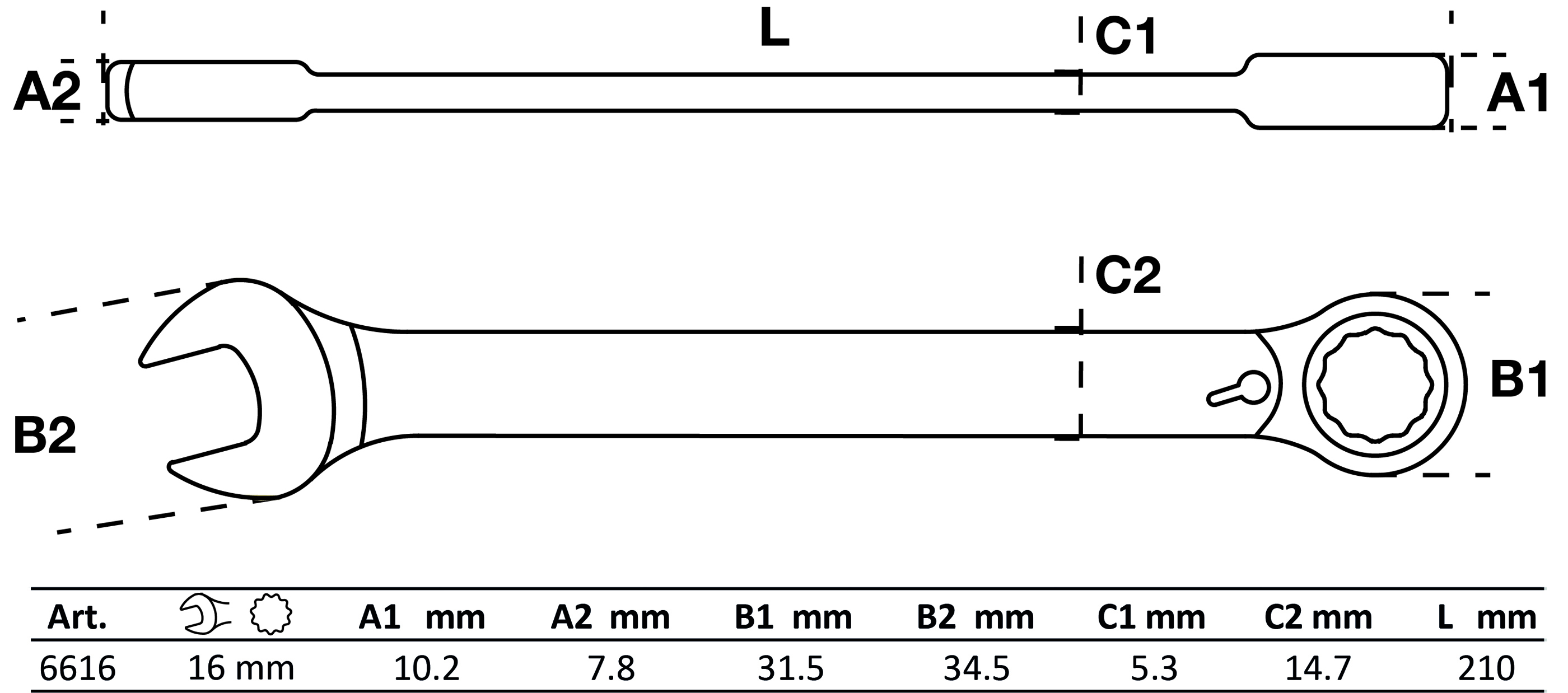 Ratschenring-Maulschlüssel | umschaltbar | SW 16 mm