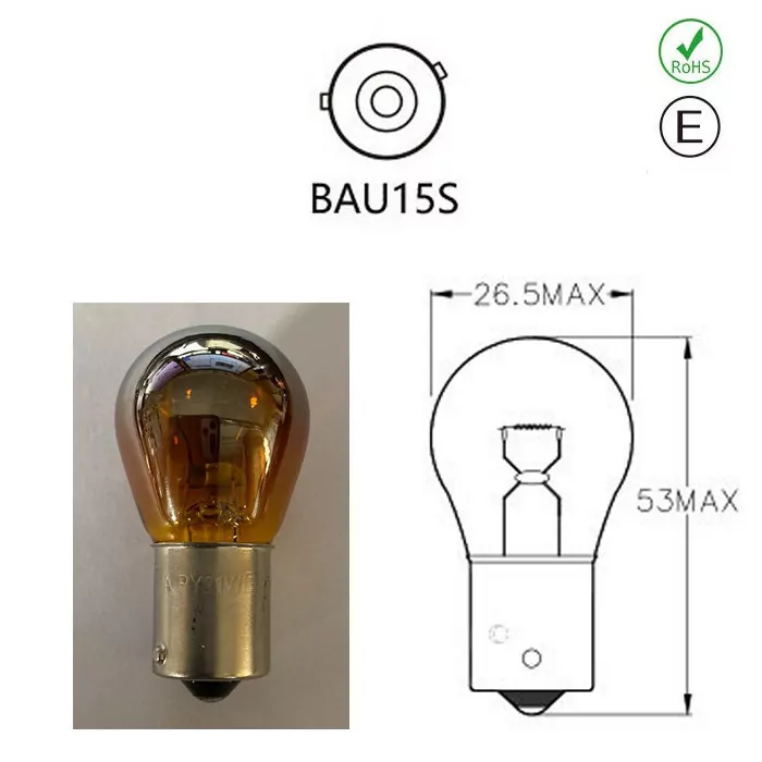 Kugellampe | 12V | 21W | Bau15s  Ø=25x45 mm | E-geprüft  | Pin 145° | chrom