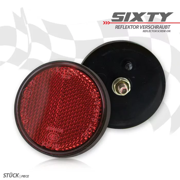 Reflektor "Sixty" | rund | rot | mit Rand Maße: Ø 60 x H 10mm | Bolzen M6 | E-geprüft