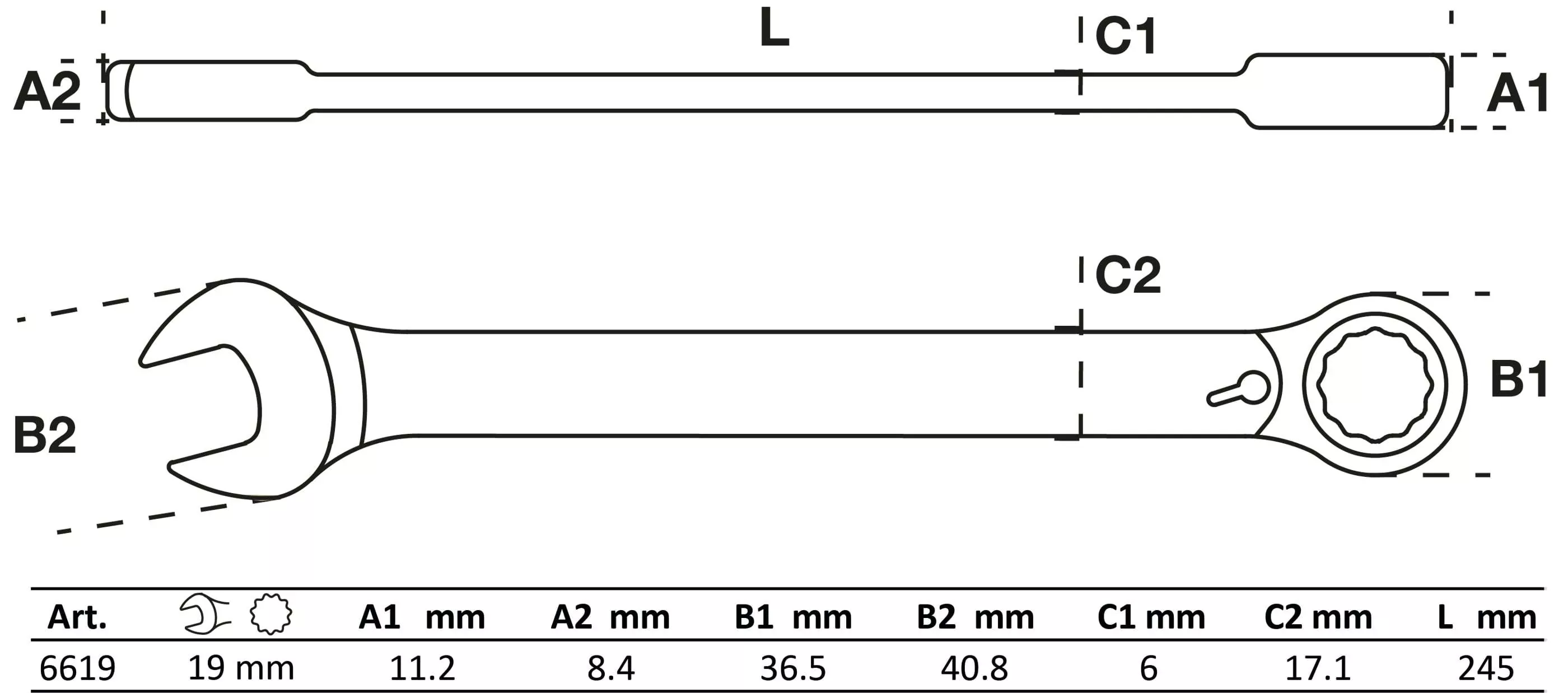 Ratschenring-Maulschlüssel | umschaltbar | SW 19 mm
