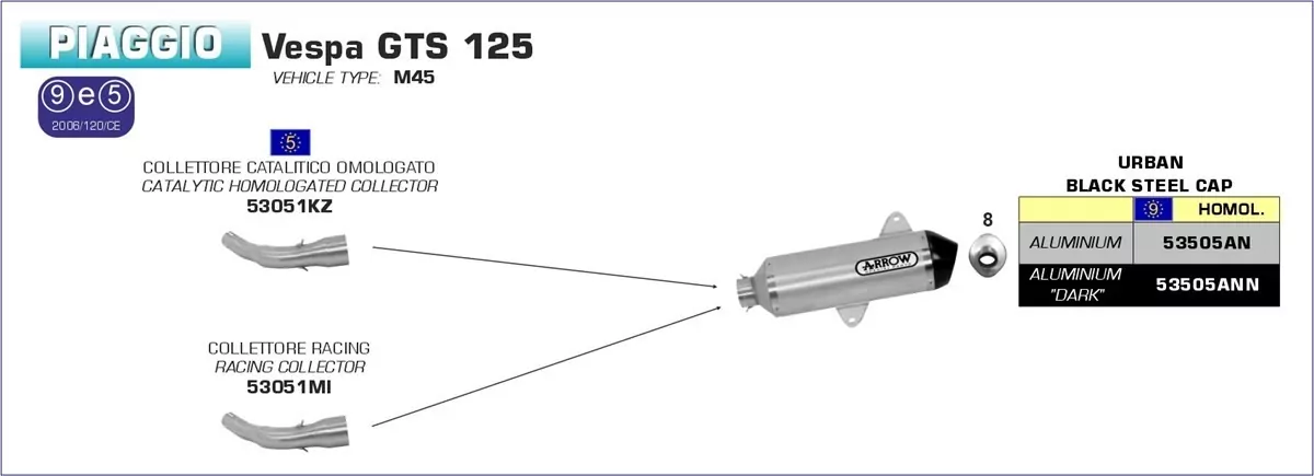 53051KZ-Arrow Krümmer Mit Kat Piaggio VESPA GTS 125i.e. 08
