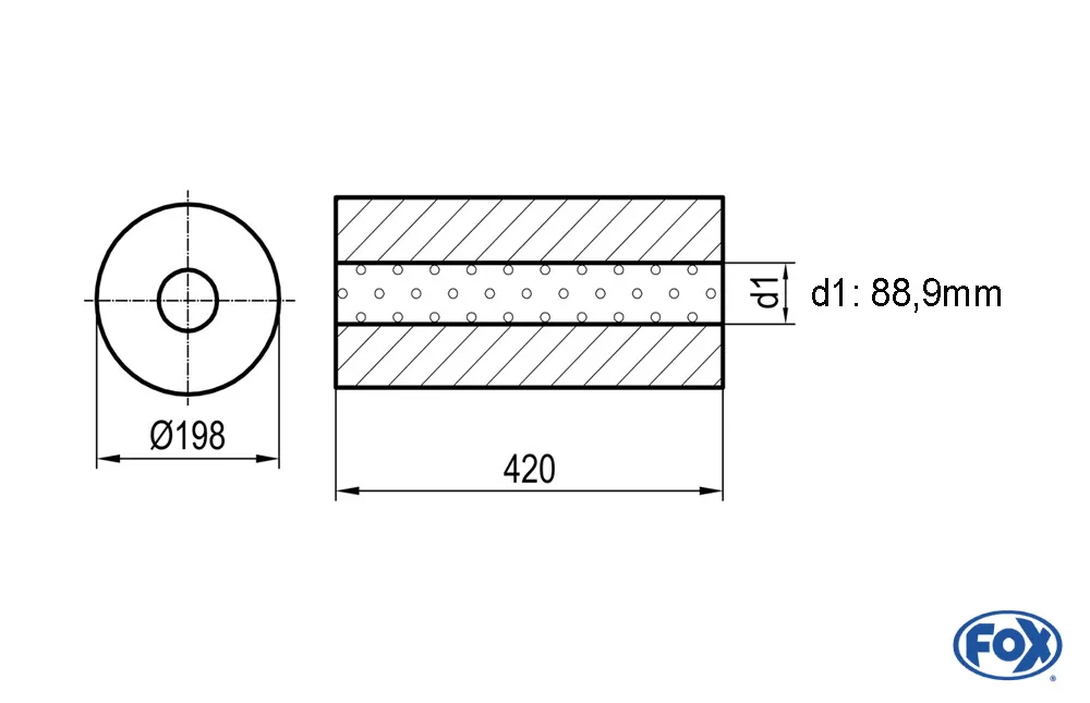Uni-Schalldämpfer rund ohne Stutzen - Abwicklung 626  Ø 198mm, d1Ø 88,9mm, Länge: 420mm -Ø 198mm