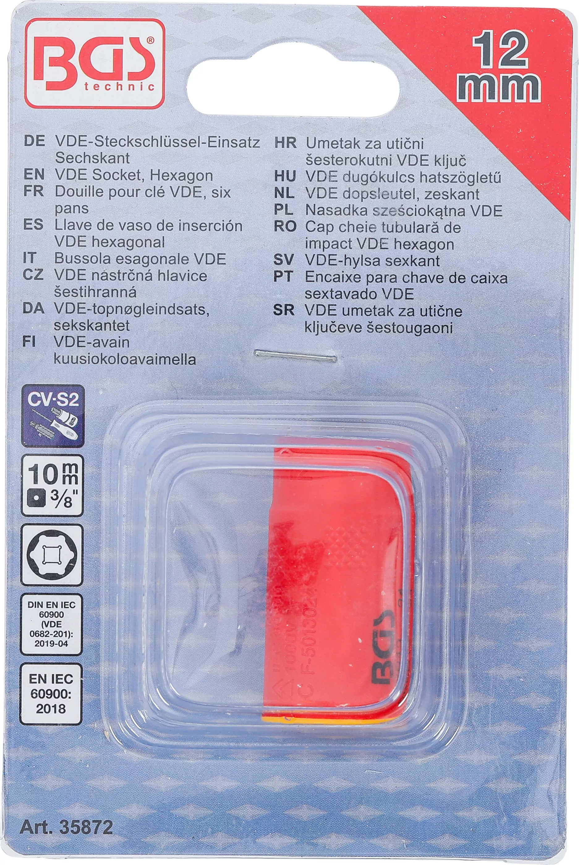 VDE-Steckschlüssel-Einsatz Sechskant | Antrieb Innenvierkant 10 mm (3/8") | SW 12 mm