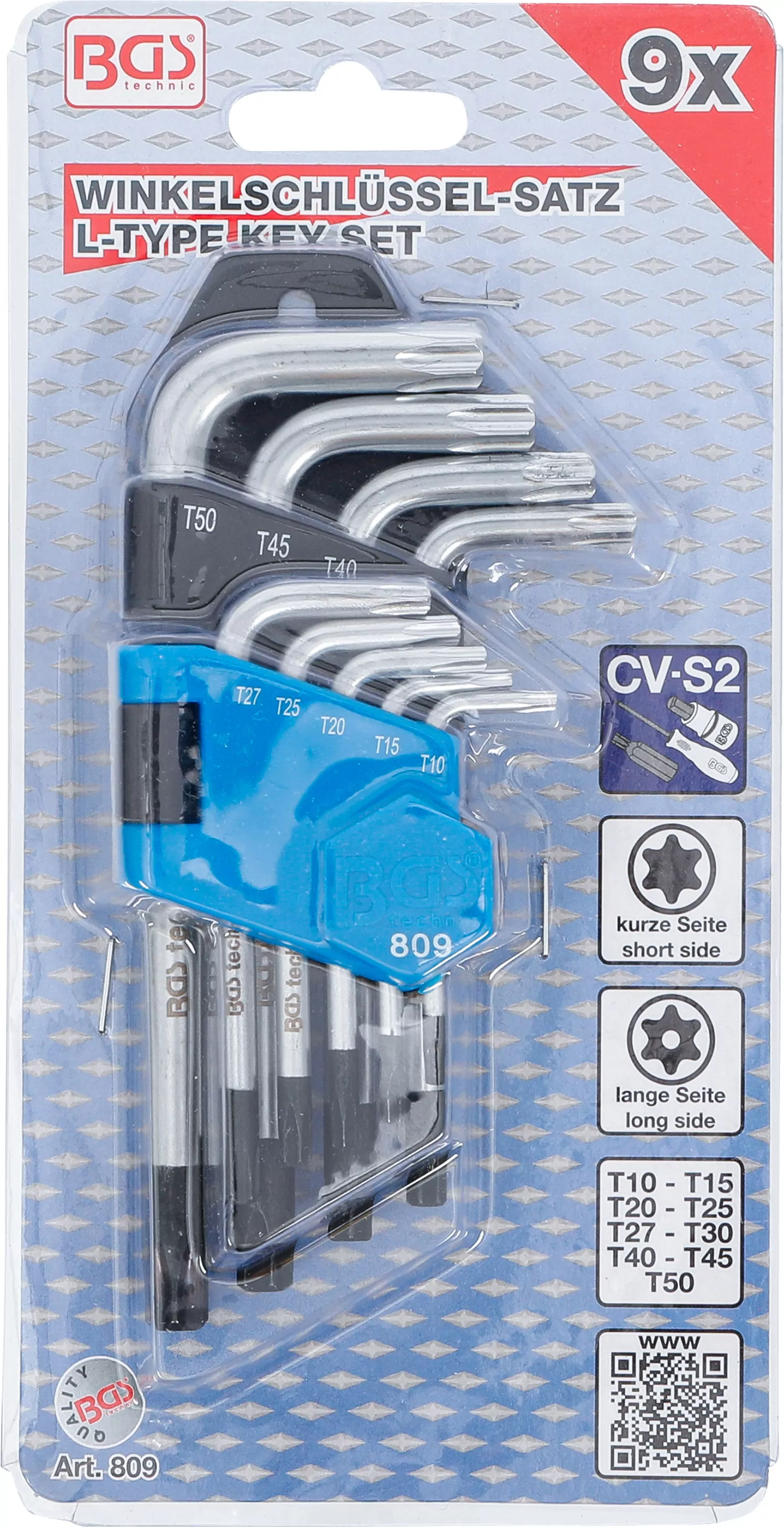 Winkelschlüssel-Satz | kurz | T-Profil (für Torx) mit Bohrung T10 - T50 | 9-tlg.