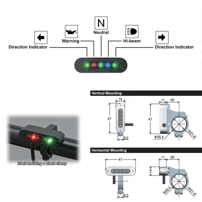 Daytona Mini Kontrollleuchteneinheit "alpha", 5 Led S ( Blinker R+l / Öl / Neutral / Fernlicht )