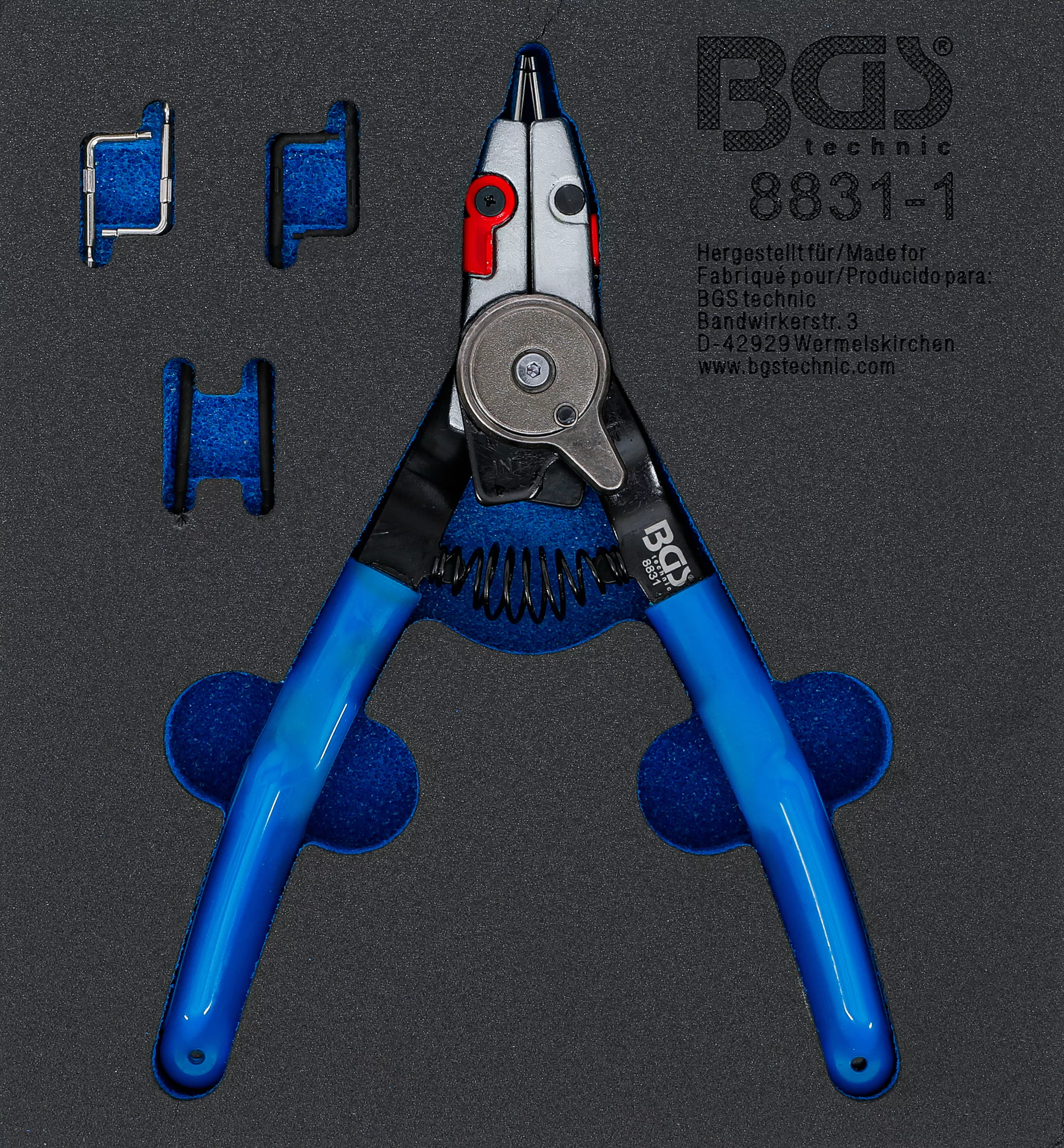 Sprengringzange | für Außen-/Innensprengringe | auswechselbare Spitzen | 180 mm