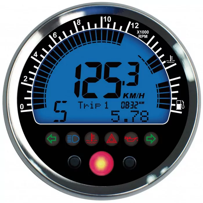 ACEWELL | Digital Tacho+DZM | Ring chrom Gehäuse chrom | Tank | Temp | Kontrolleuchten