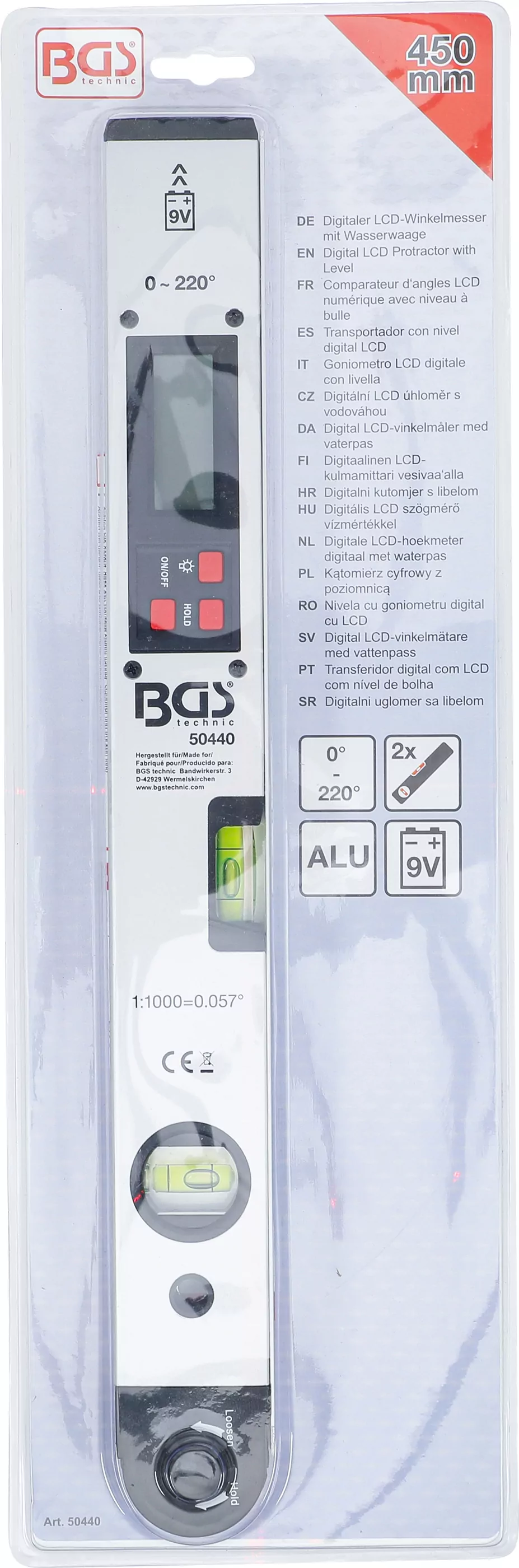 Digitaler LCD-Winkelmesser mit Wasserwaage | 450 mm