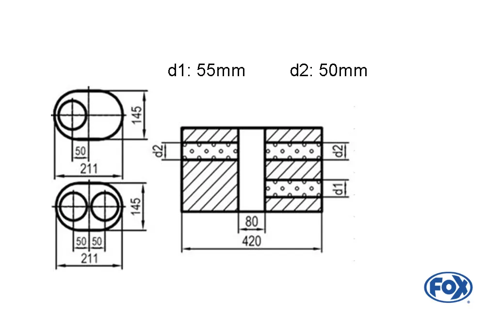 Uni-Schalldämpfer oval zweiflutig mit Kammer -Abwicklung 585  211x145mm, d1Ø 55mm  d2Ø 50mm, Länge: 420mm - Variante 1