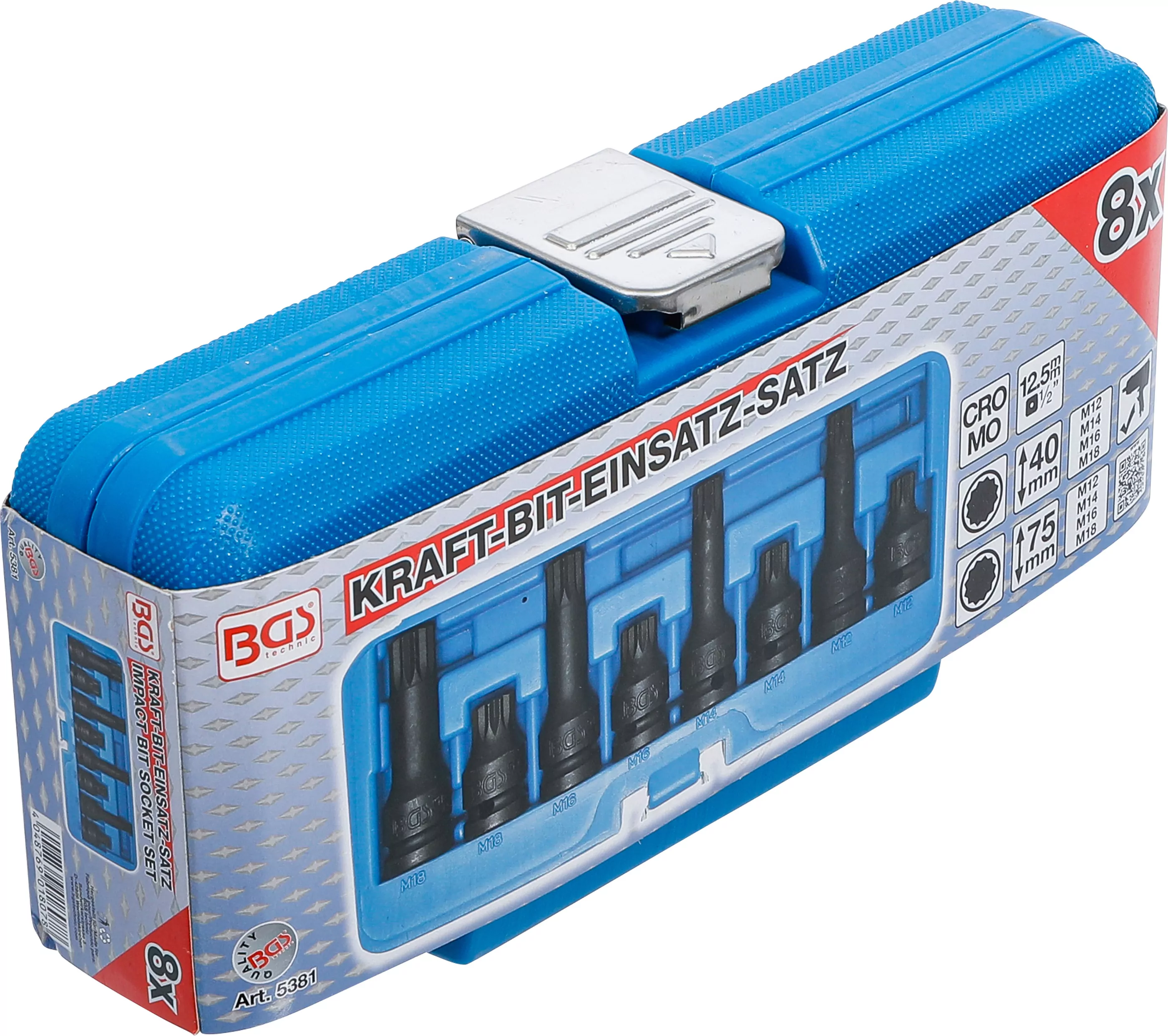 Kraft-Bit-Einsatz-Satz | Antrieb Innenvierkant 12,5 mm (1/2") | Innenvielzahn (für XZN) M12 - M18 | 8-tlg.