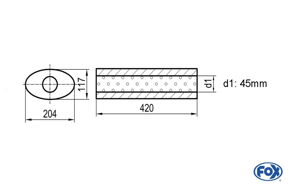 Uni-Schalldämpfer oval ohne Stutzen - Abwicklung 525  204x117mm, d1Ø 45mm, Länge: 420mm