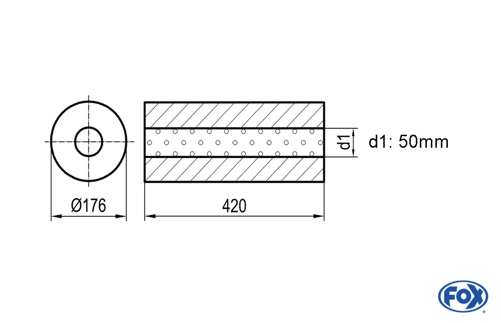 Uni-Schalldämpfer rund ohne Stutzen - Abwicklung 556  Ø 176mm, d1Ø 45mm, Länge: 420mm -Ø 176mm