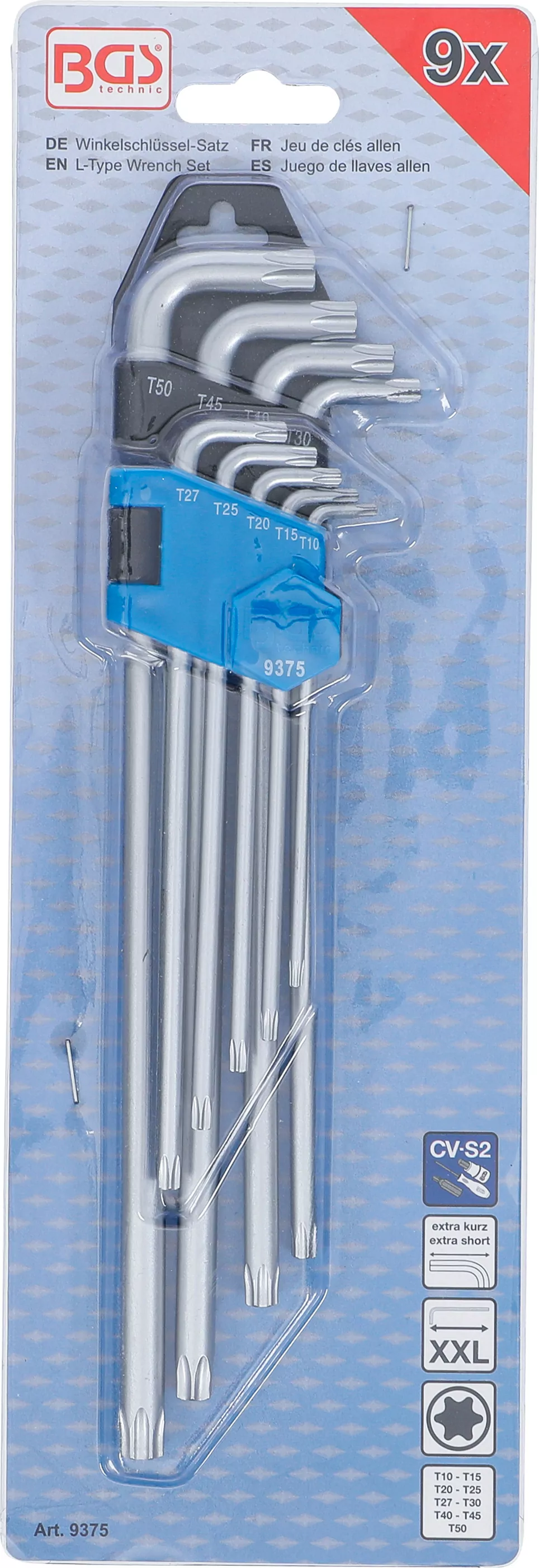 Winkelschlüssel-Satz | extra lang + extra kurz | T-Profil (für Torx) T10 - T50 | 9-tlg.