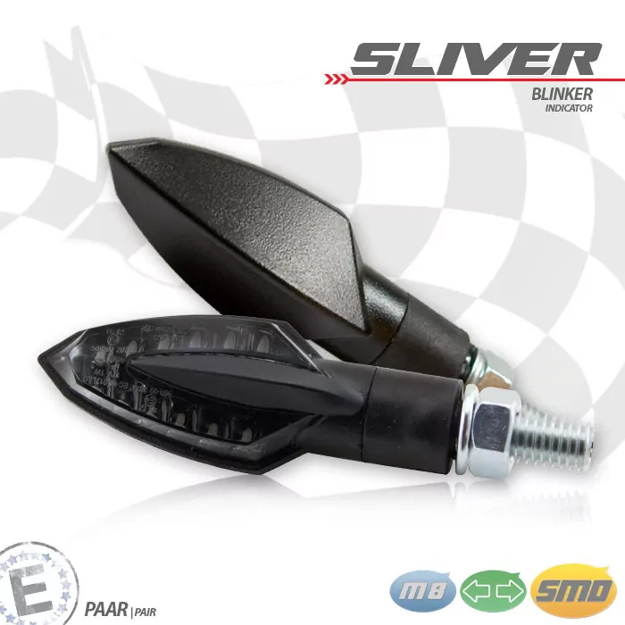 Smd-blinker "sliver", Schwarz, Getönt, Gummiarm, Paar, M8, Maße L 51 X T 25 X H 23mm, E-geprüft