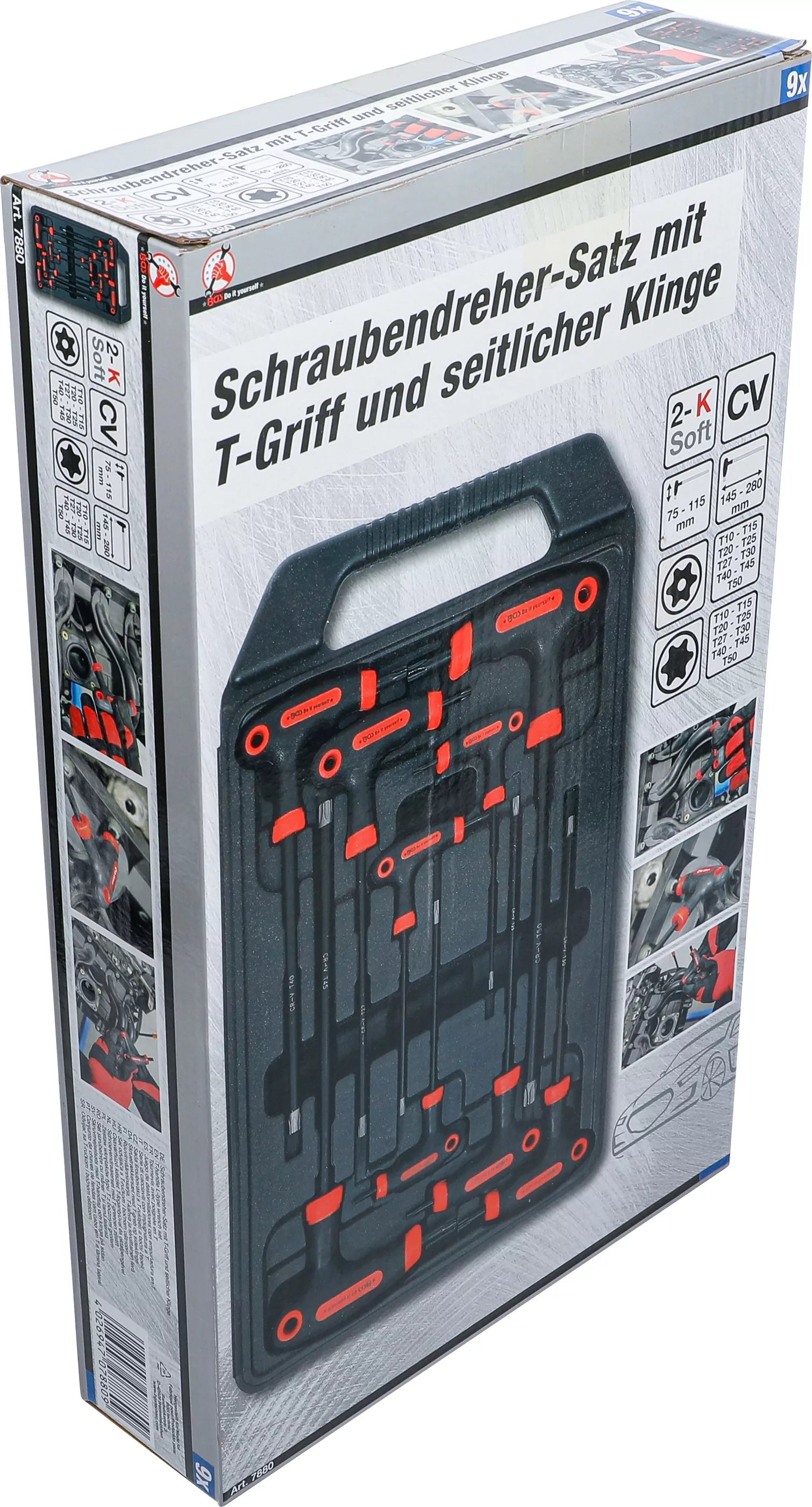 Schraubendreher-Satz mit T-Griff und seitlicher Klinge | T-Profil (für Torx) mit Bohrung | T10 - T50 | 9-tlg.