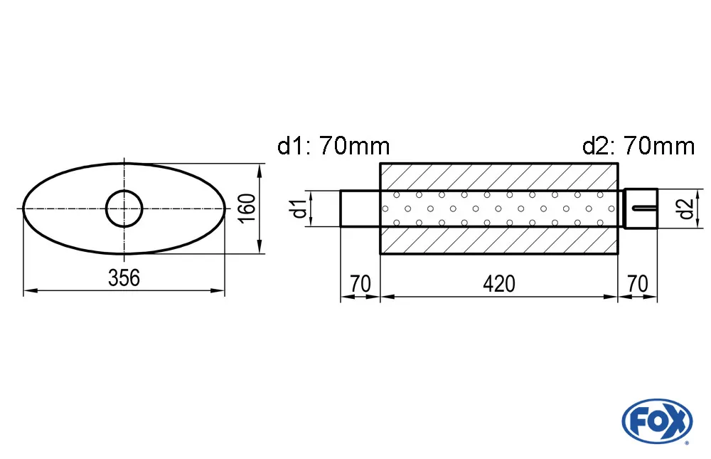 Uni-Schalldämpfer oval mit Stutzen - Abwicklung 818  356x160mm, d1Ø 70mm  d2Ø 70,5mm, Länge: 420mm