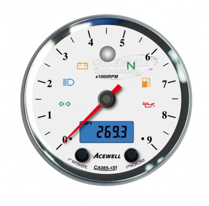 Acewell | Analog Dzm 9000rpm | Digital Tacho | Ring Chrom | Zifferblatt Weiss | Gehäuse Schwarz