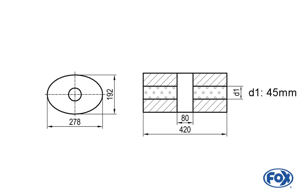 Uni-Schalldämpfer oval ohne Stutzen mit Kammer - Abw. 754  278x192mm, d1Ø 45mm, Länge: 420mm