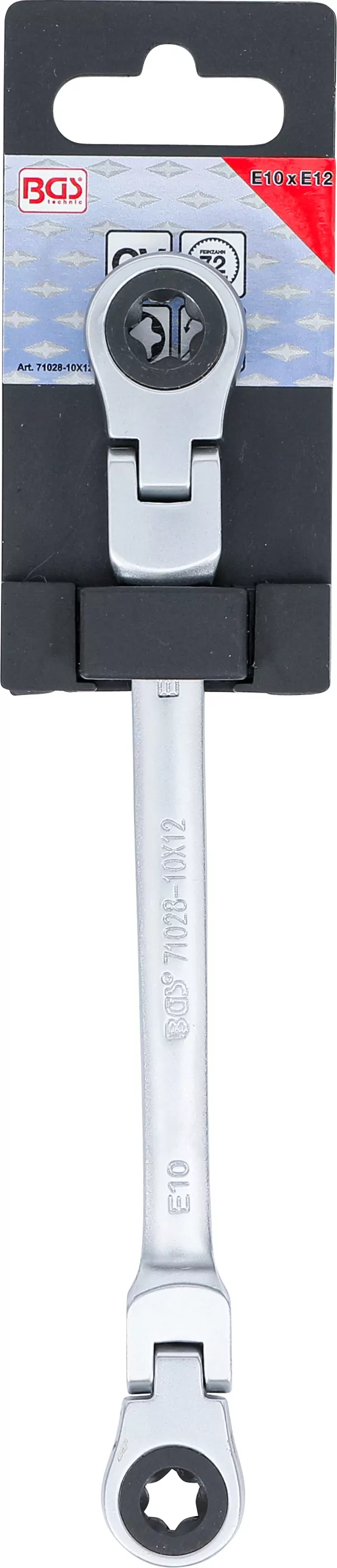 Doppel-Ratschen-Ringschlüssel | abwinkelbar | mit E-Profil Ringköpfen | SW E10 x E12