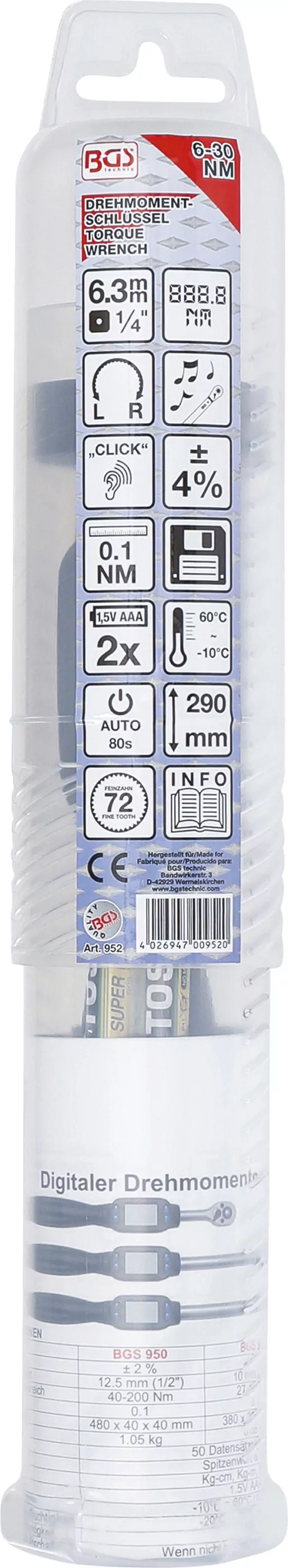 Digitaler Drehmomentschlüssel | Abtrieb Außenvierkant 6,3 mm (1/4") | 6 - 30 Nm