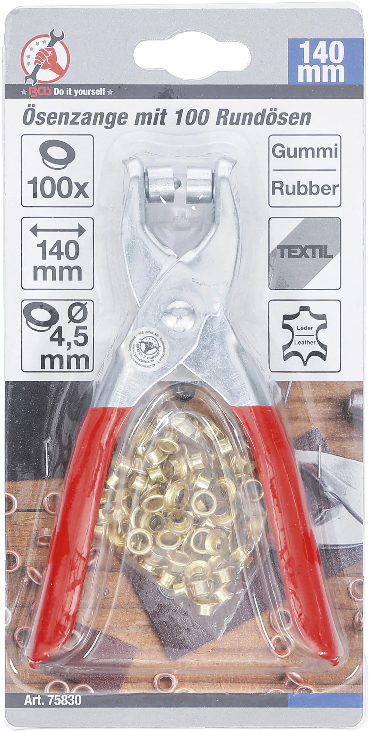 Ösenzange mit 100 Rundösen | 4,5 mm