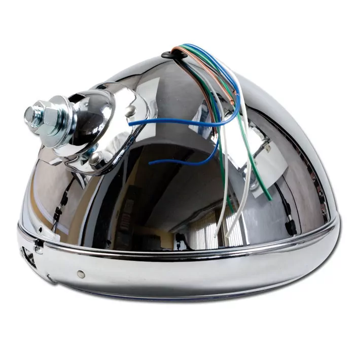 Scheinwerfer 7","hd-style", Klarglas, Chrom, H4, Prismenreflektor, Befest. Unten M12, E-geprüft