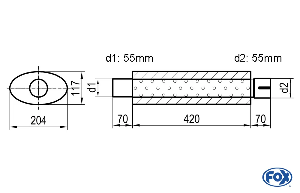 Uni-Schalldämpfer oval mit Stutzen - Abwicklung 525  204x117mm, d1Ø 55mm  d2Ø 55,5mm, Länge: 420mm