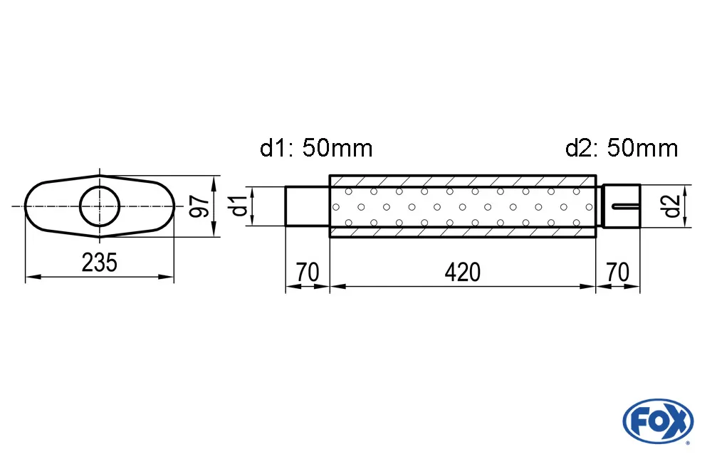 Uni-Schalldämpfer oval mit Stutzen - Abwicklung 558  235x97mm, d1Ø 50mm  d2Ø 50,5mm, Länge: 420mm