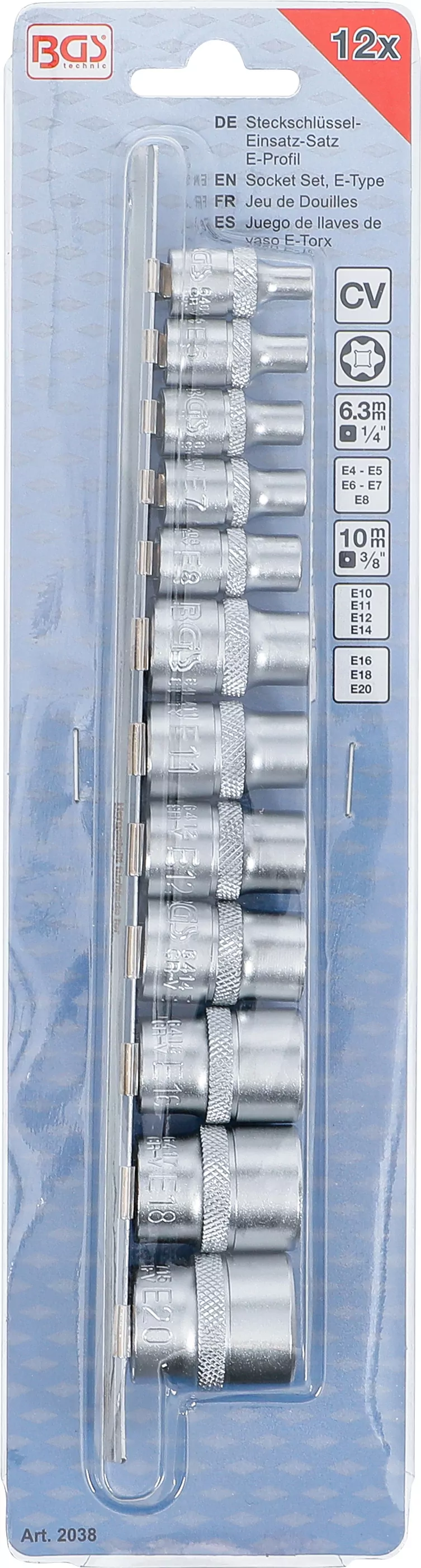 Steckschlüssel-Einsatz-Satz E-Profil | Antrieb Innenvierkant 6,3 mm (1/4") / 10 mm (3/8") | SW E4 - E20 | 12-tlg.