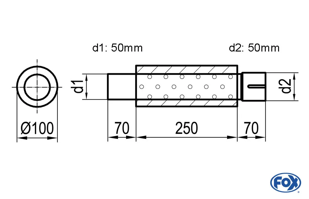 Uni-Schalldämpfer rund mit Stutzen - Abwicklung 314  Ø 100mm, d1Ø 50mm  d2Ø 50,5mm, Länge: 250mm
