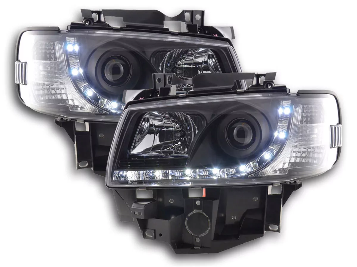 Scheinwerfer Set Daylight LED TFL-Optik VW Bus Typ T4 Bj. 96-03 schwarz für Rechtslenker